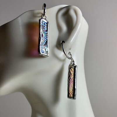 SNOWFLAKE STICK Earrings by Hip Chick Glass, Stained Glass Art, Handmade Dangle Drop Earrings, Silver Drop Earrings, Handmade Je - image3